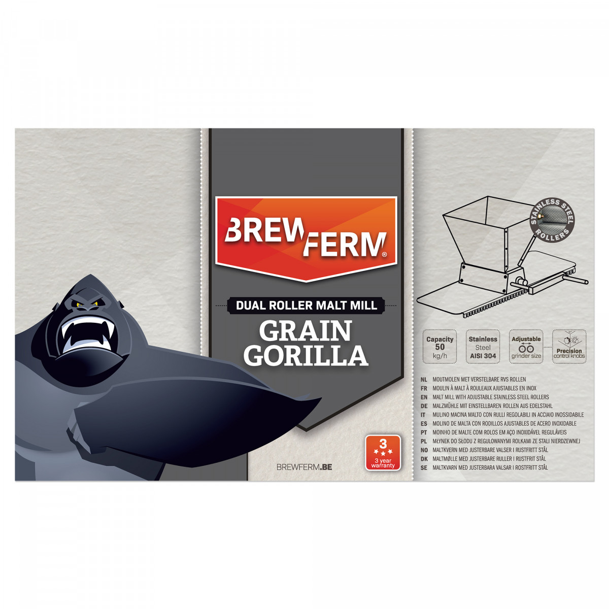 Brewferm Grain Gorilla moulin à malt à rouleaux ajustables en inox