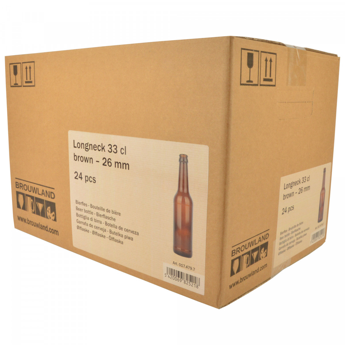 Longneck beer bottle 33 cl, brown, 26 mm, box 24 pcs