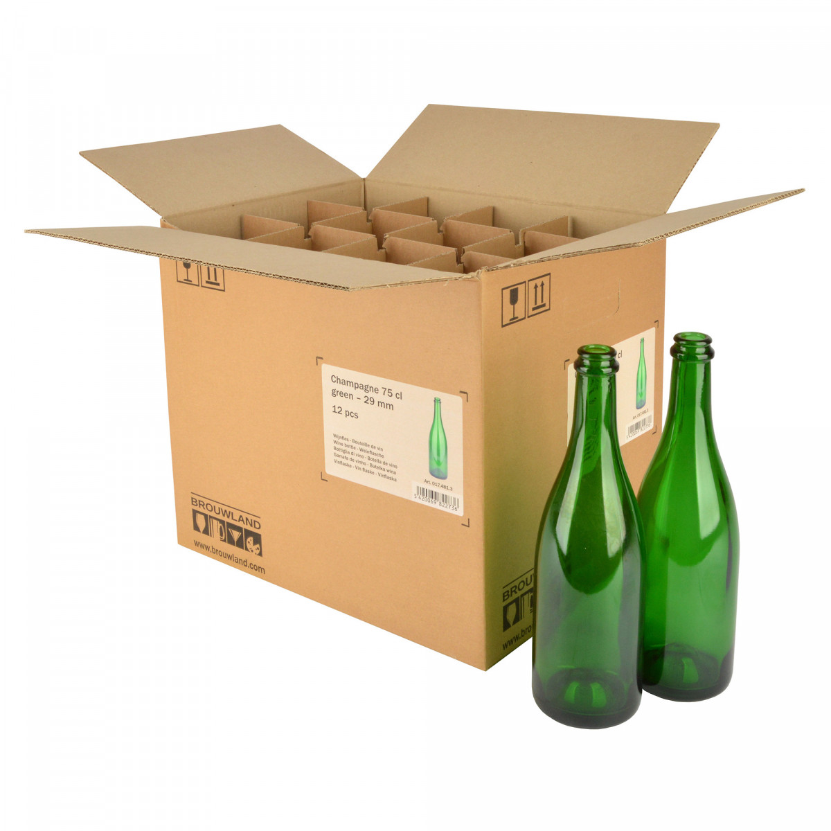 Wijnfles champagne 75 cl, 775 g, groen, 29 mm, doos 12 st.
