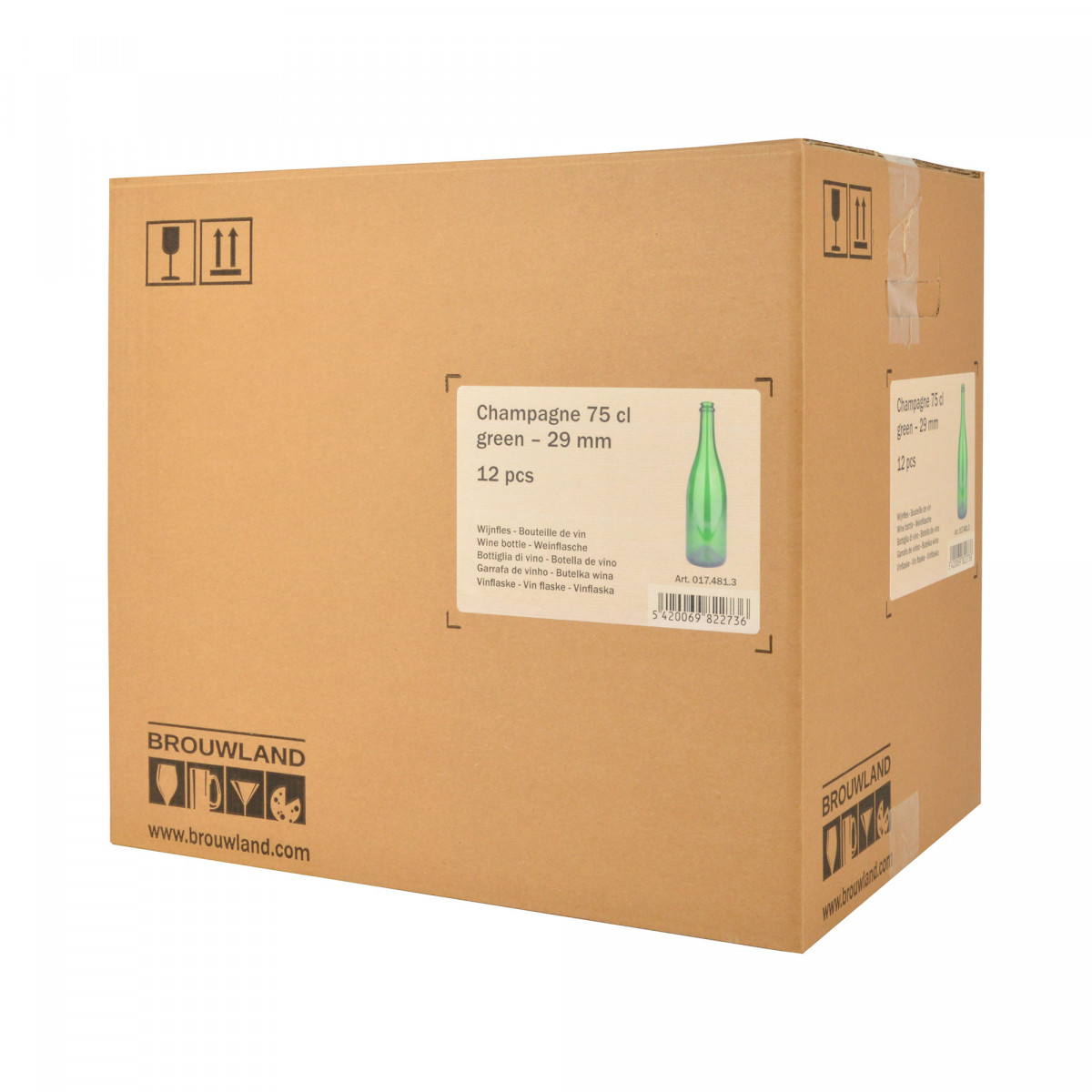 Bouteille Champagne 75 cl, 775 g, vert, 29 mm, boîte 12 pcs