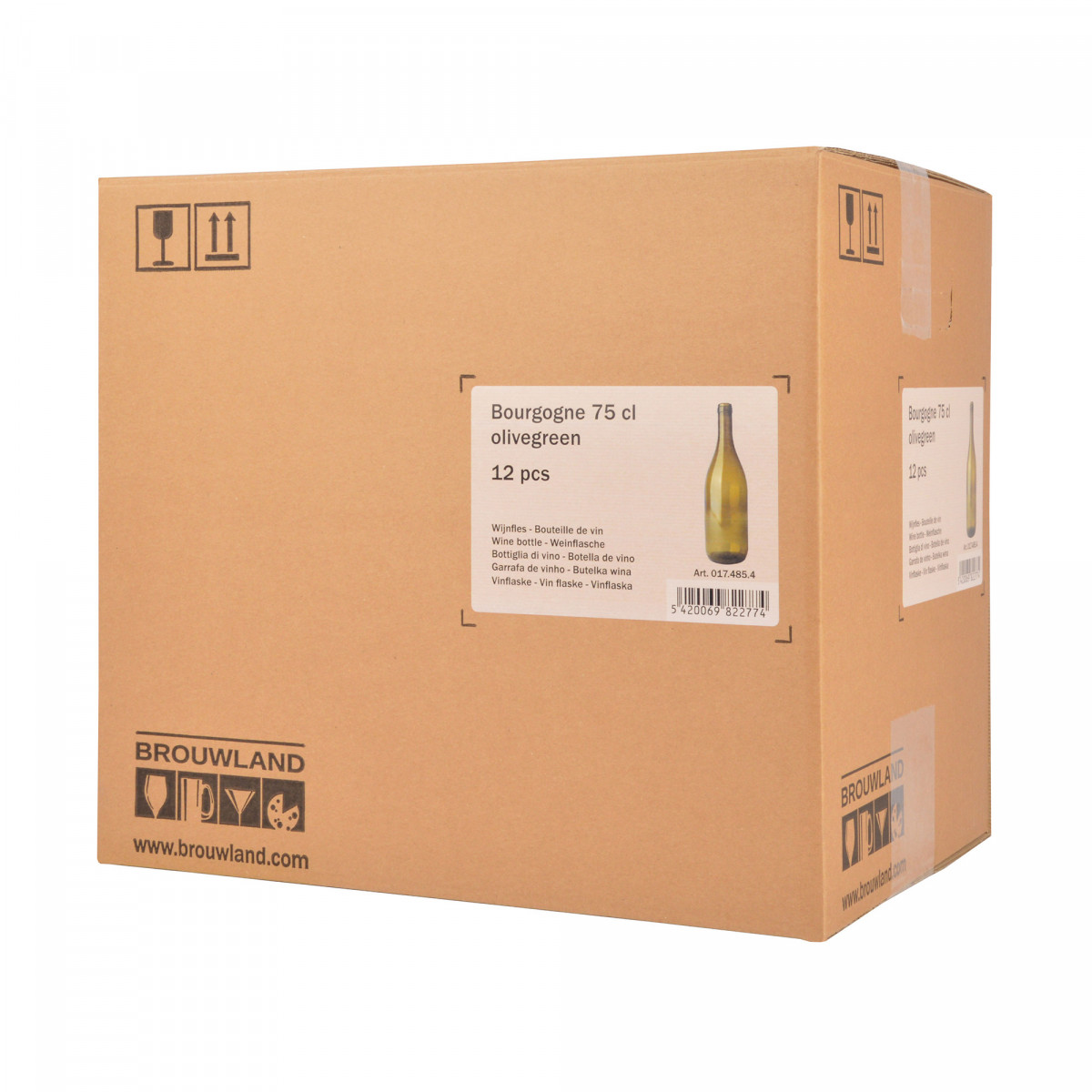 Wijnfles Bourgogne 75 cl, olijfgroen, doos 12 st.