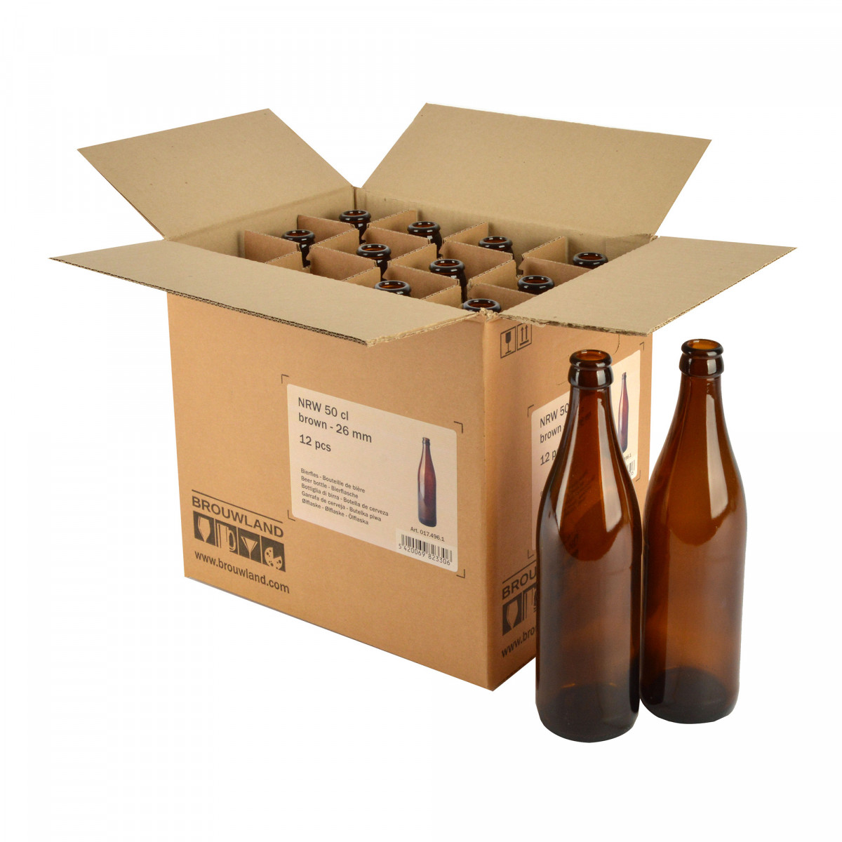Beer bottle NRW 50 cl, brown, 26 mm, box 12 pcs • Brouwland