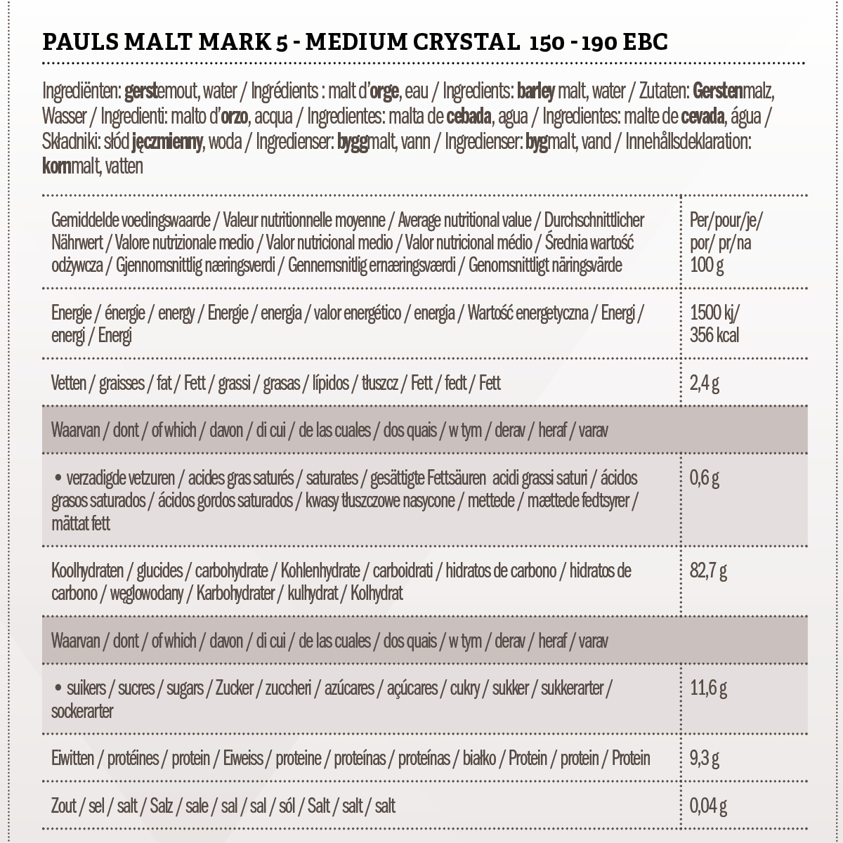 Pauls Malt Mark 5 - Medium Crystal  150 - 190 EBC 1 kg